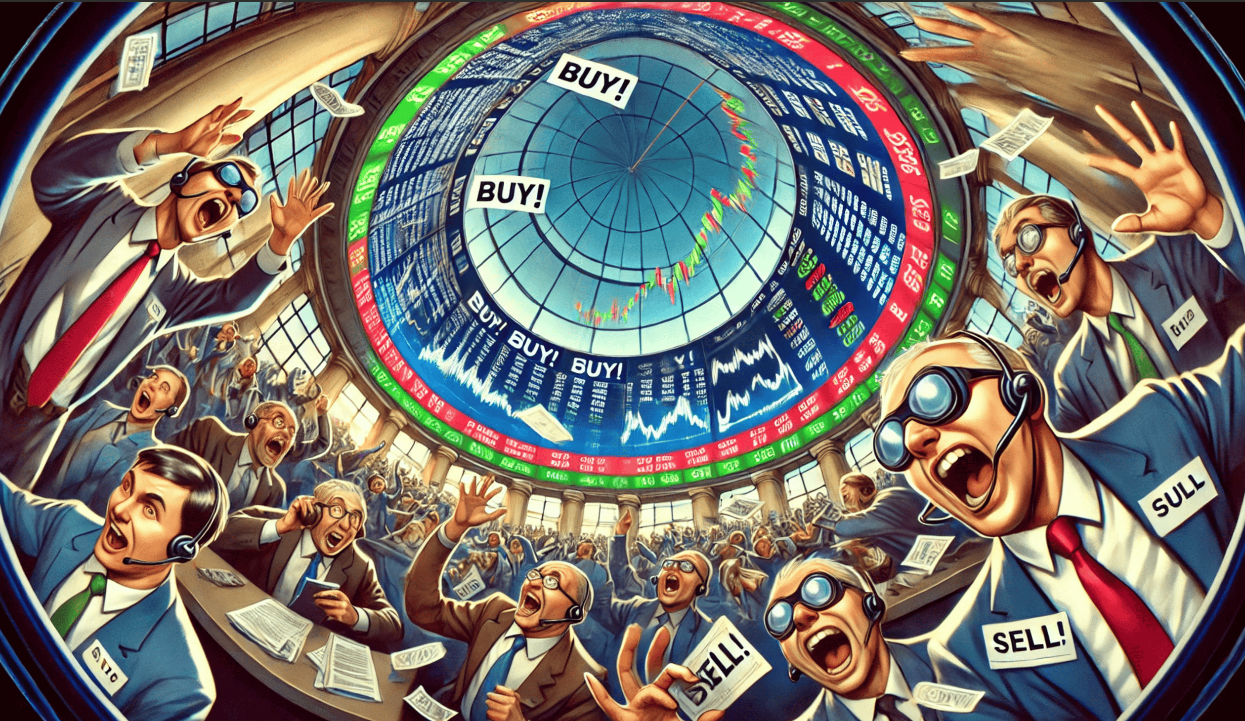 A catfish eye view of a trading floor with buyers and sellers